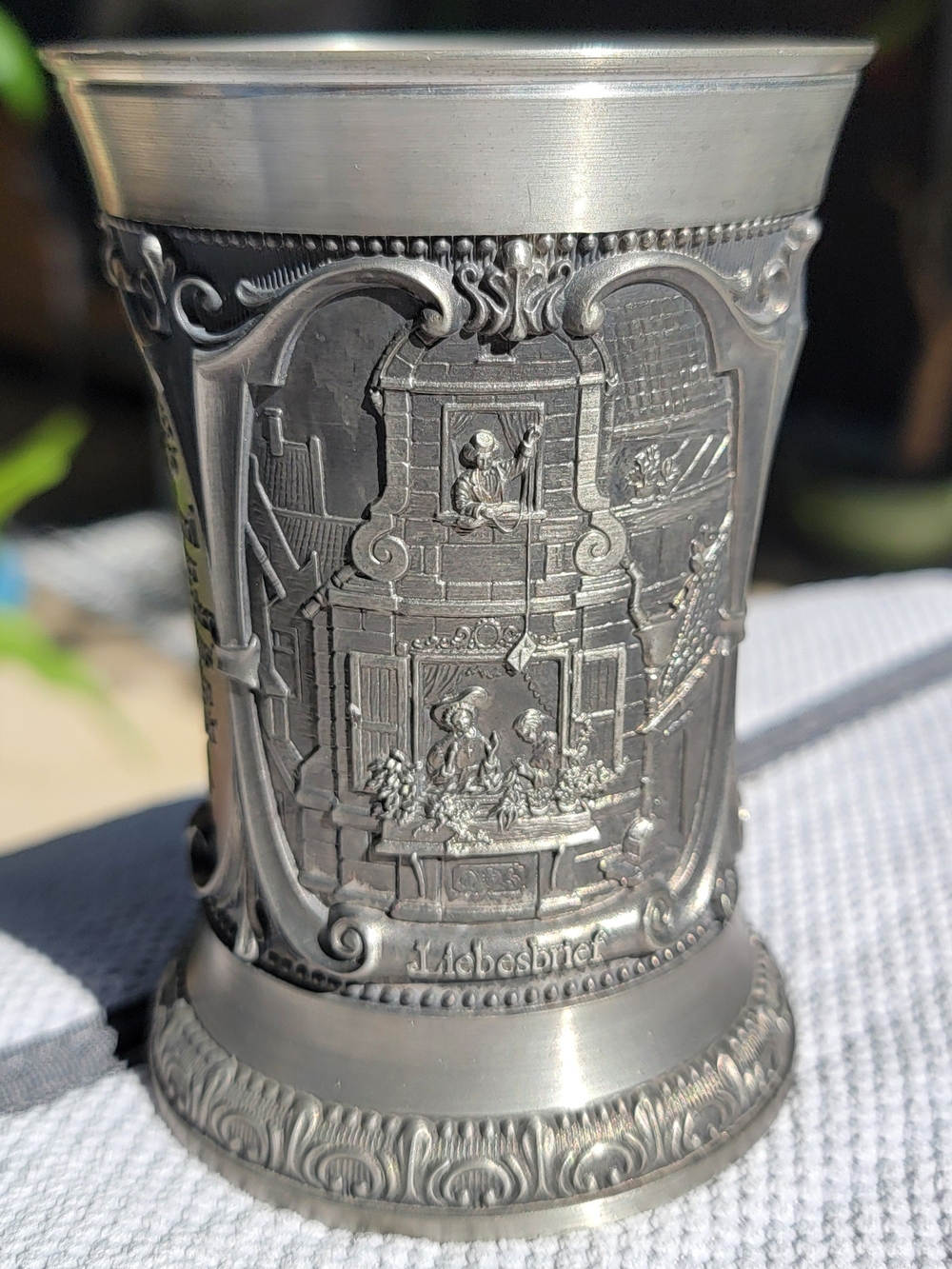 Vintage WMF Zinn Pewter Beaker Featuring "Liebesbrief" relief by Carl Spitzweg.